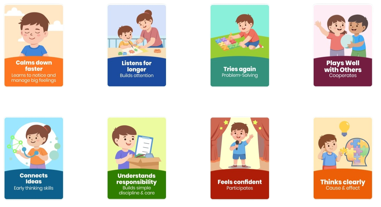 Set of educational posters with children engaging in various activities on a white background